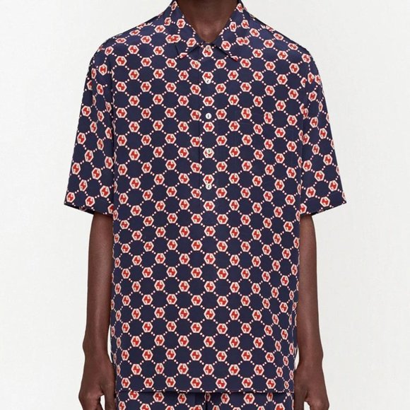 Gucci Navy and Red Monogram Silk Shirt - Picture 1 of 16